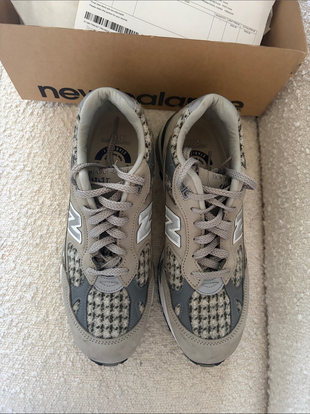 New Balance Beige and Grey Houndstooth Sneakers